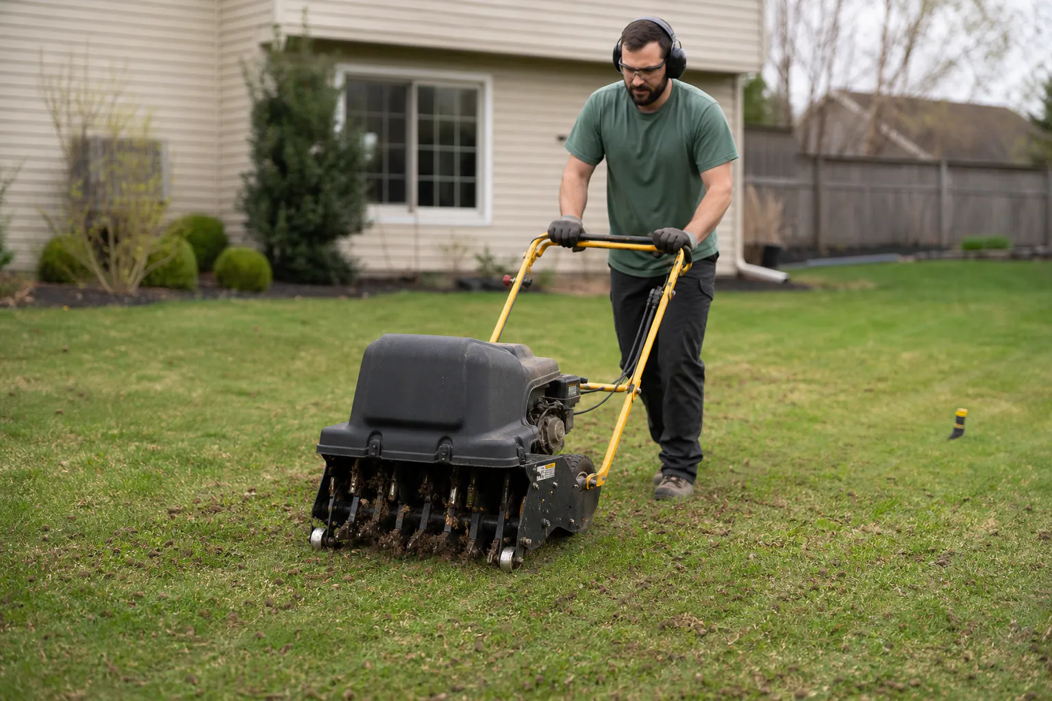 A residential lawn being aerated after a property review.