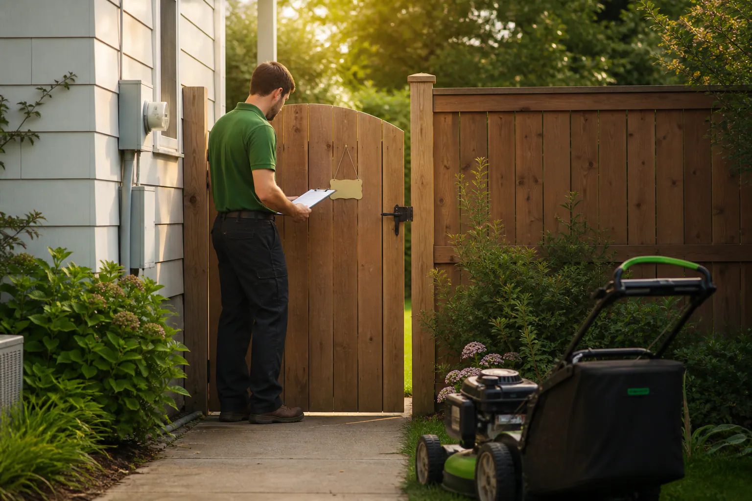 A lawn-care owner reviewing access notes at a side gate.