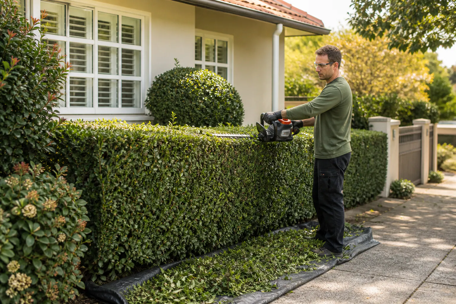 A waist-high hedge being trimmed carefully.