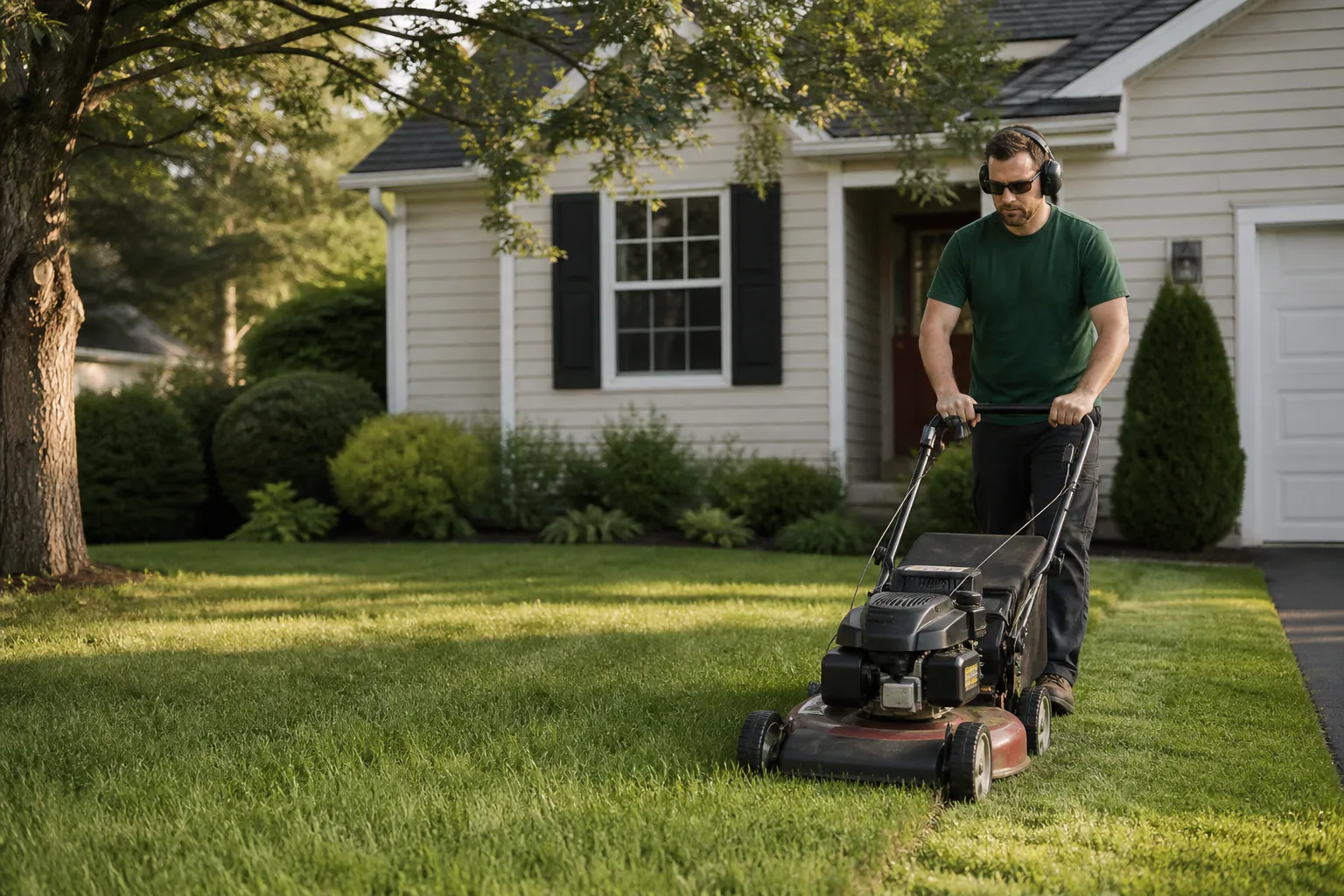 A lawn-care owner mowing a residential property in warm morning light.