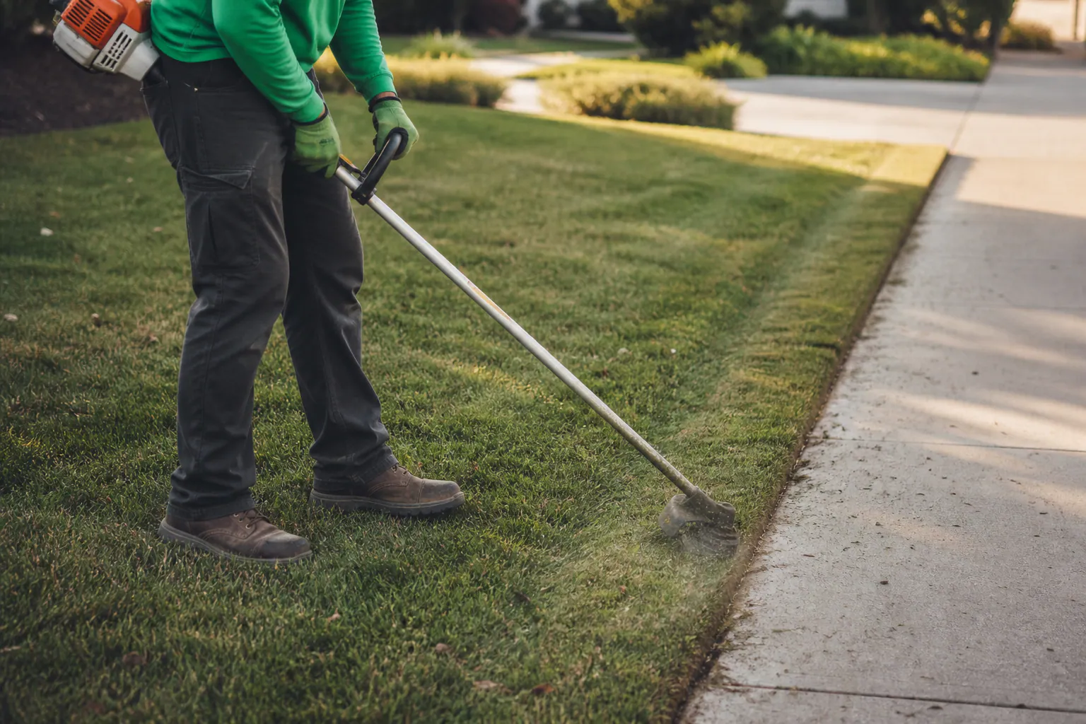 A clean lawn edge beside a residential walkway.
