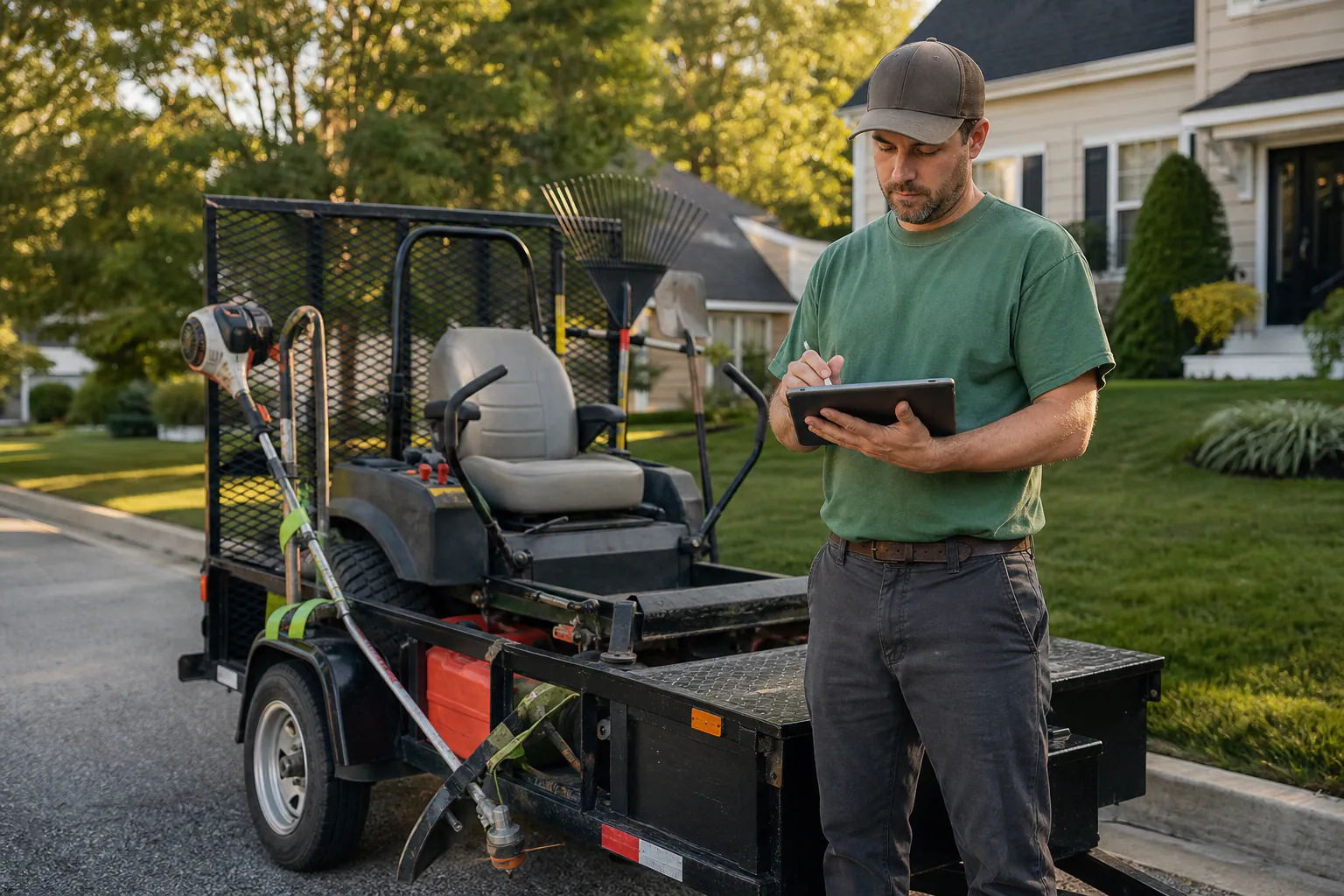 A lawn-care owner reviewing the next visit record.