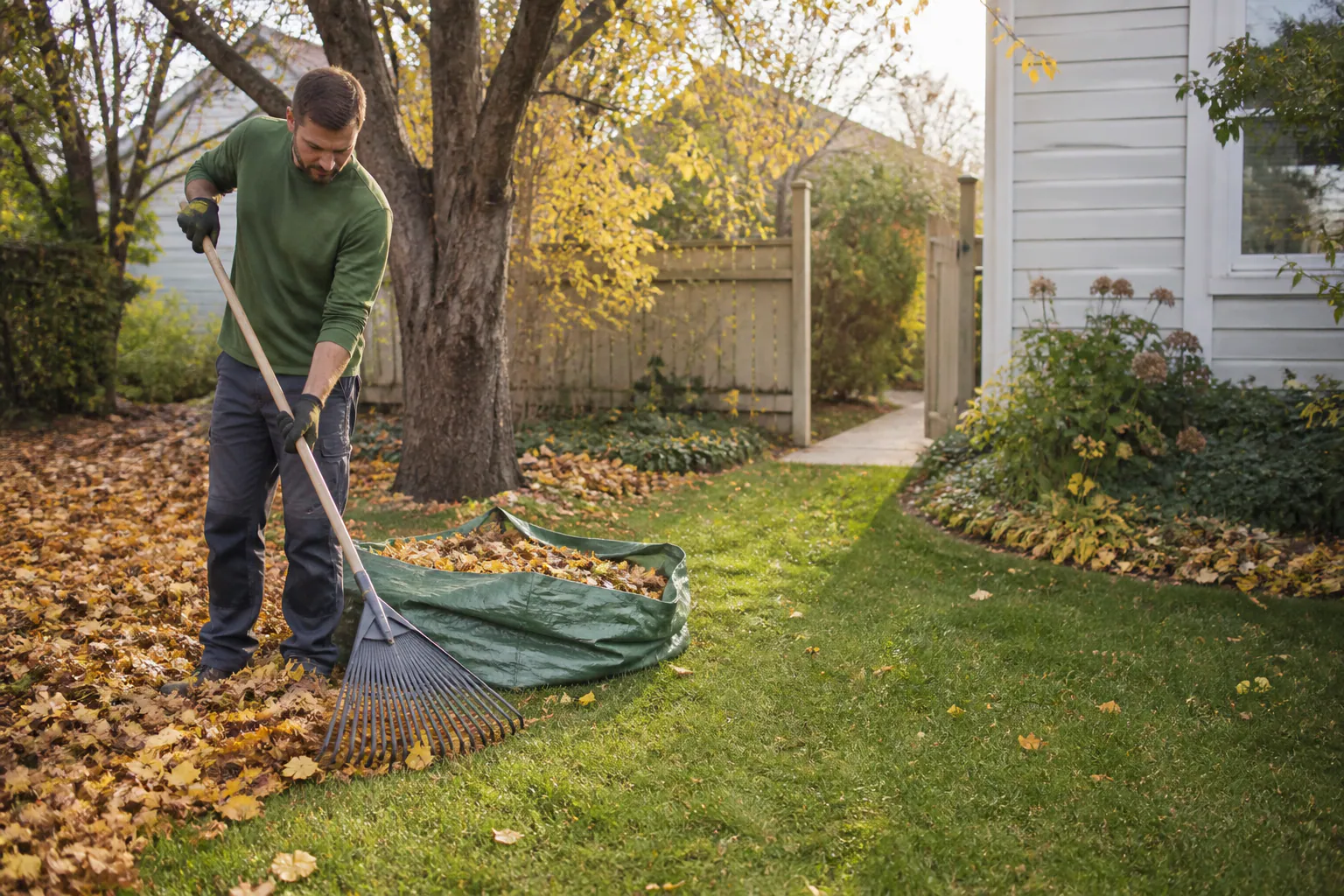 Autumn leaves being collected during a seasonal cleanup.