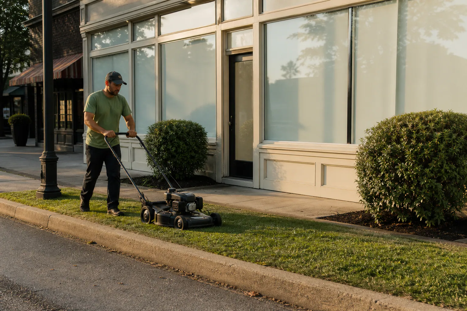 A lawn verge outside a small storefront.